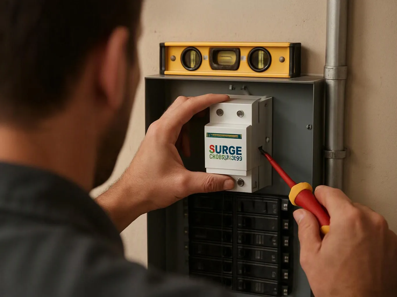 A person uses a screwdriver to install a surge device in an electrical panel beside a level tool