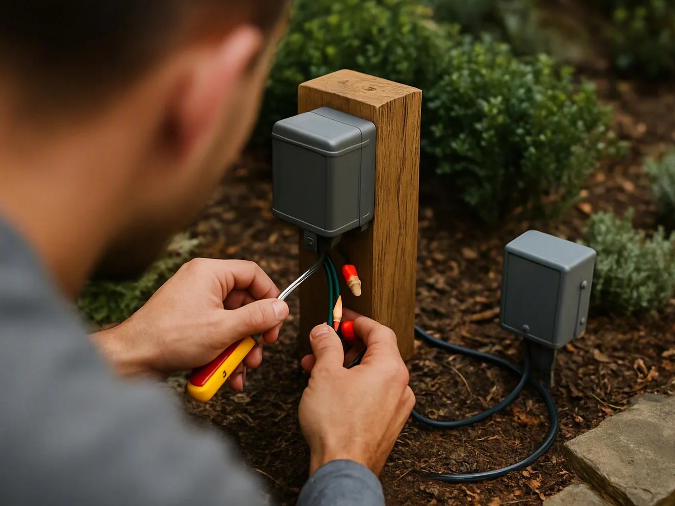 A person uses a screwdriver to work on outdoor electrical wiring attached to gray utility boxes by a wooden post