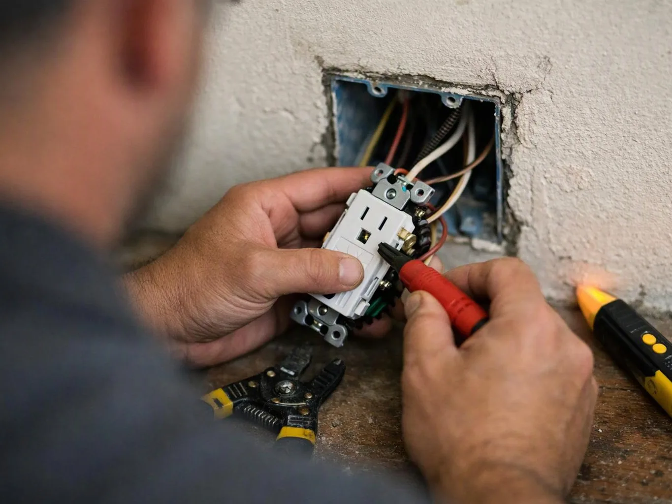 A person wires a wall electrical outlet with pliers and a tester beside an open outlet box