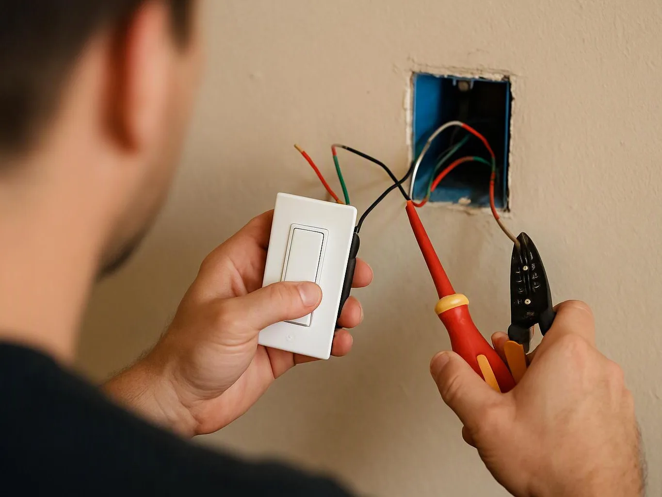 A person wires a white light switch into a wall box while holding screwdrivers and pliers