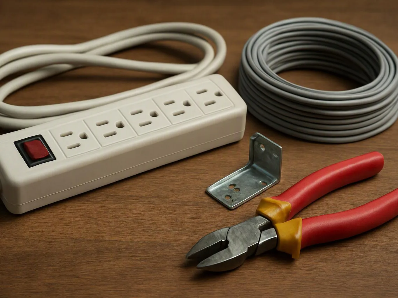 A power strip, coiled cords, a metal bracket, and red-handled pliers rest on a wooden table