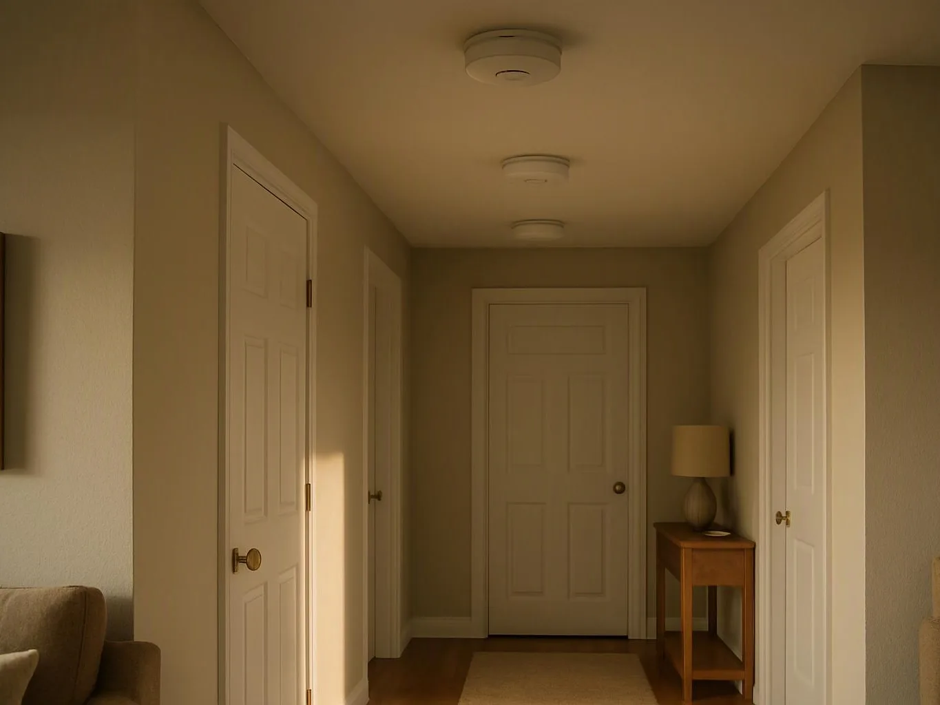 A quiet hallway with several closed white doors, a small table lamp, and warm sunlight on beige walls