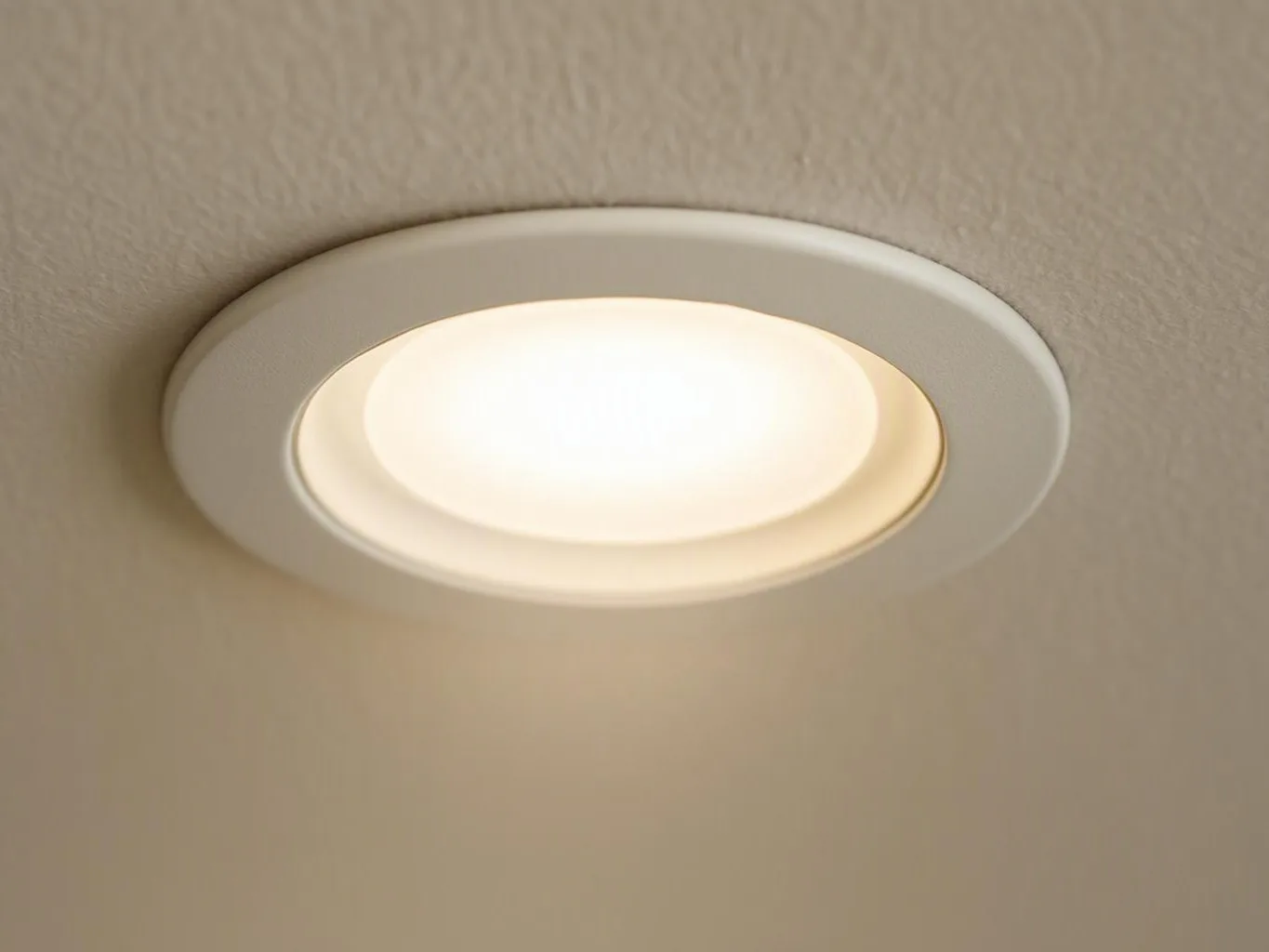 A recessed ceiling light glows softly against a beige textured ceiling