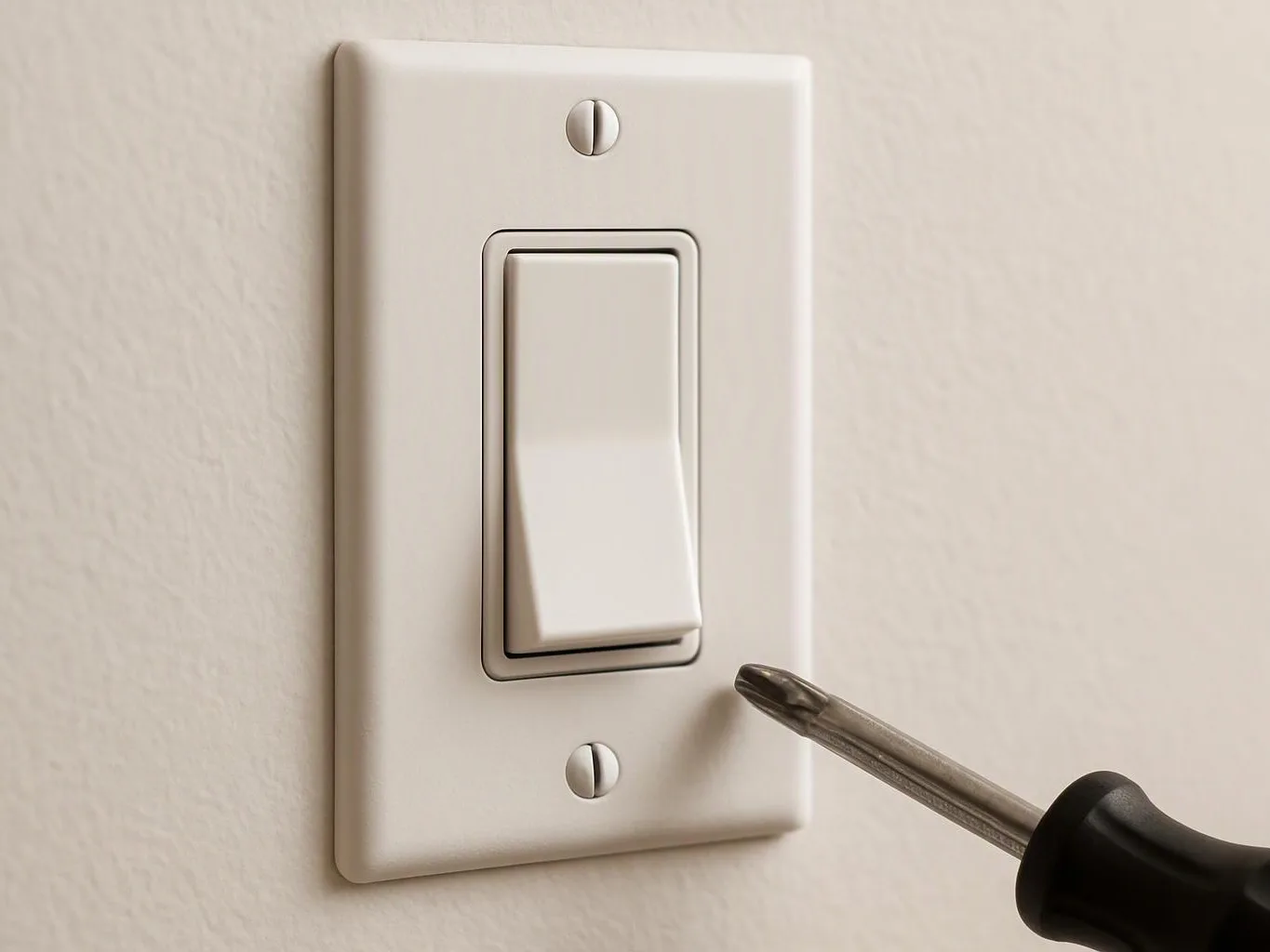A screwdriver points at a white wall light switch on a plain painted wall