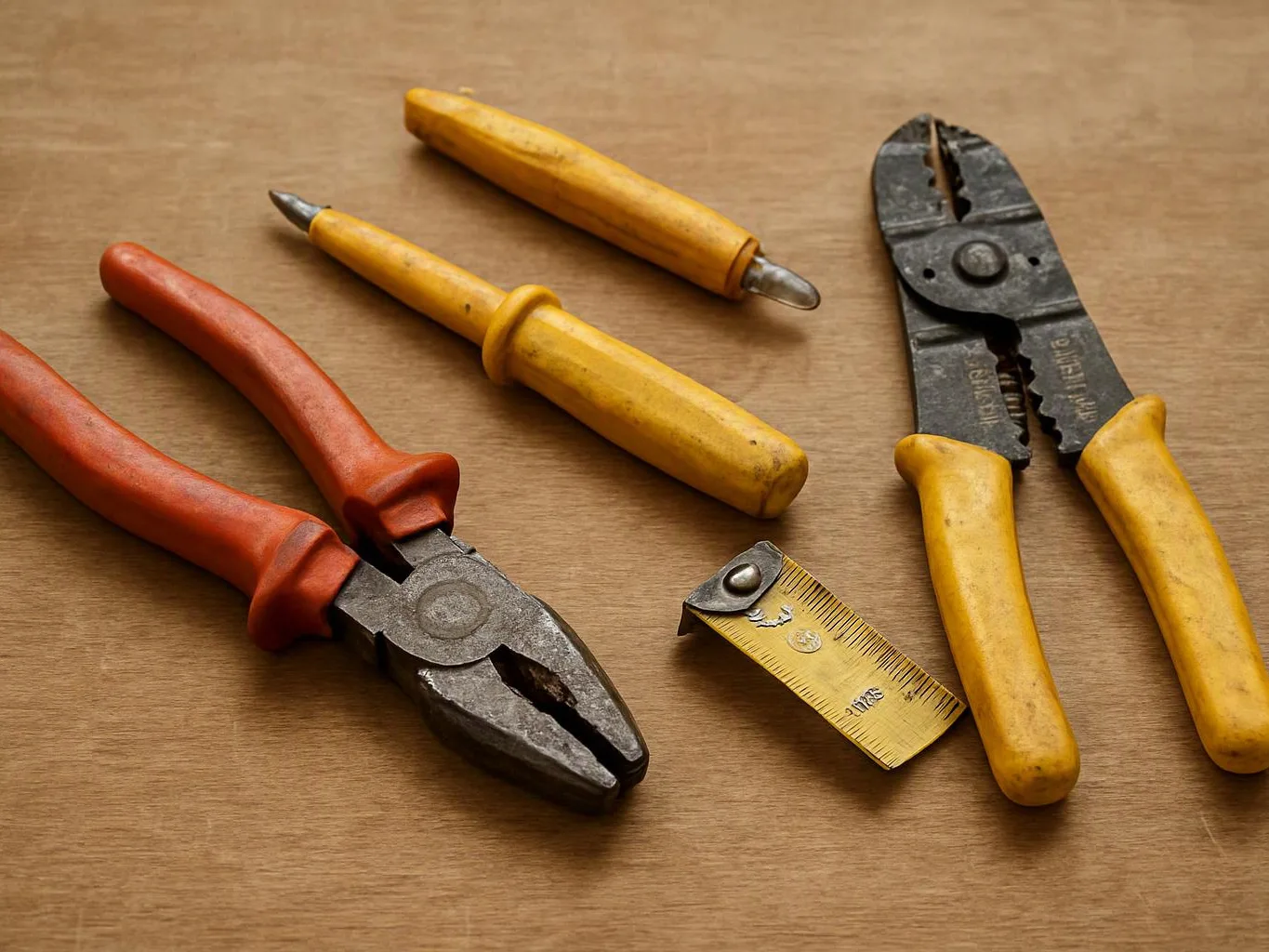 A set of worn pliers, screwdrivers, and a small utility blade lies on a wooden surface