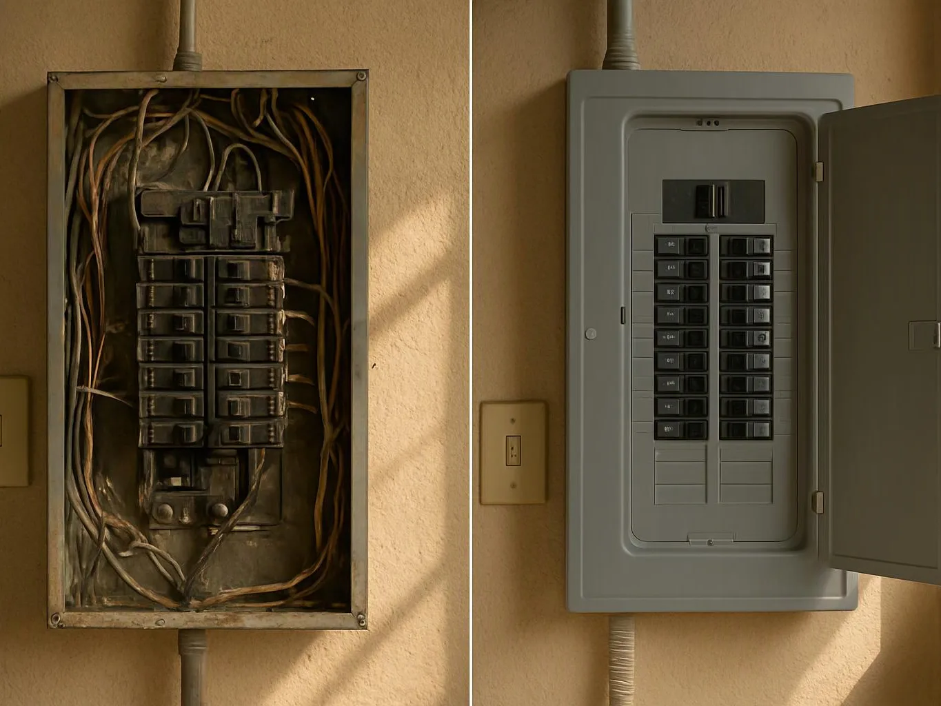 Side by side electrical breaker panels show a messy old box beside a clean open replacement on a wall