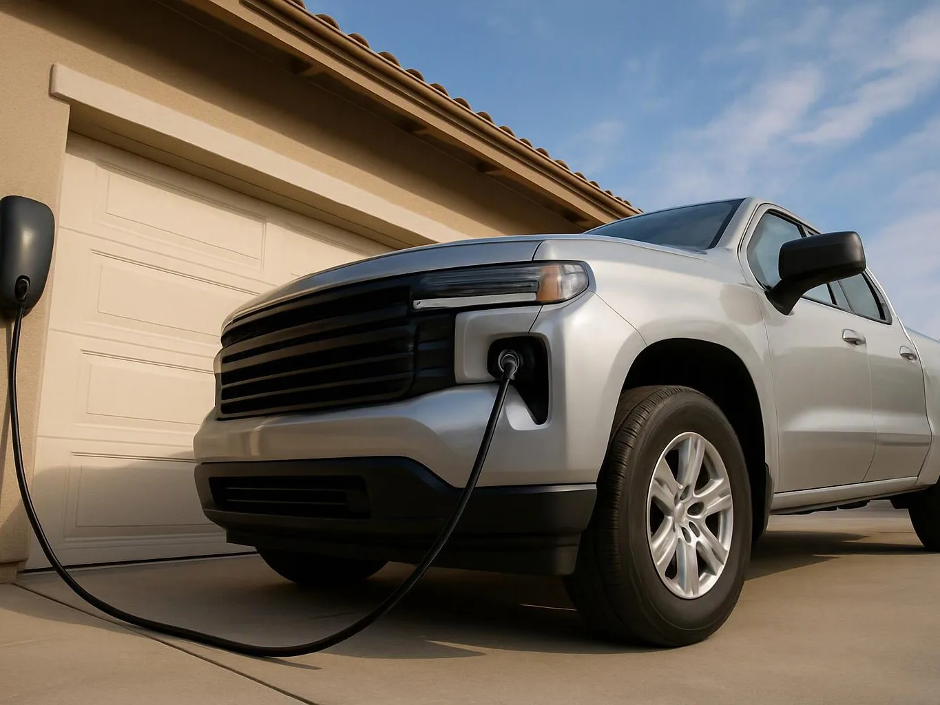 A silver pickup truck is plugged into a charging cable beside a closed garage under a blue sky