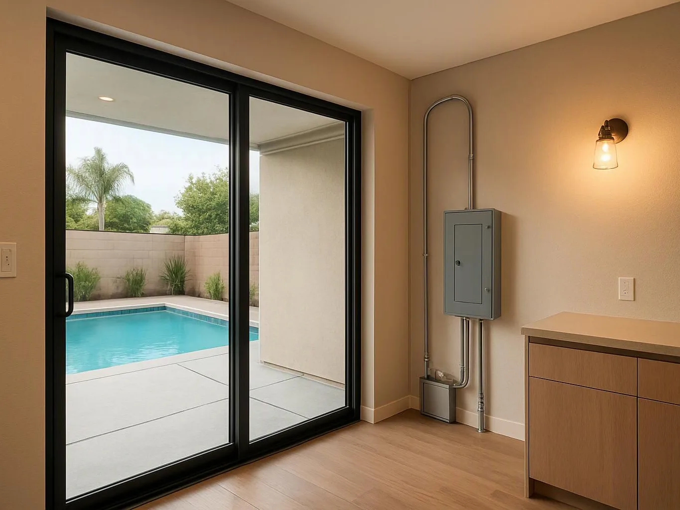 A sliding glass door shows a backyard pool, with a utility panel and wall light inside the room