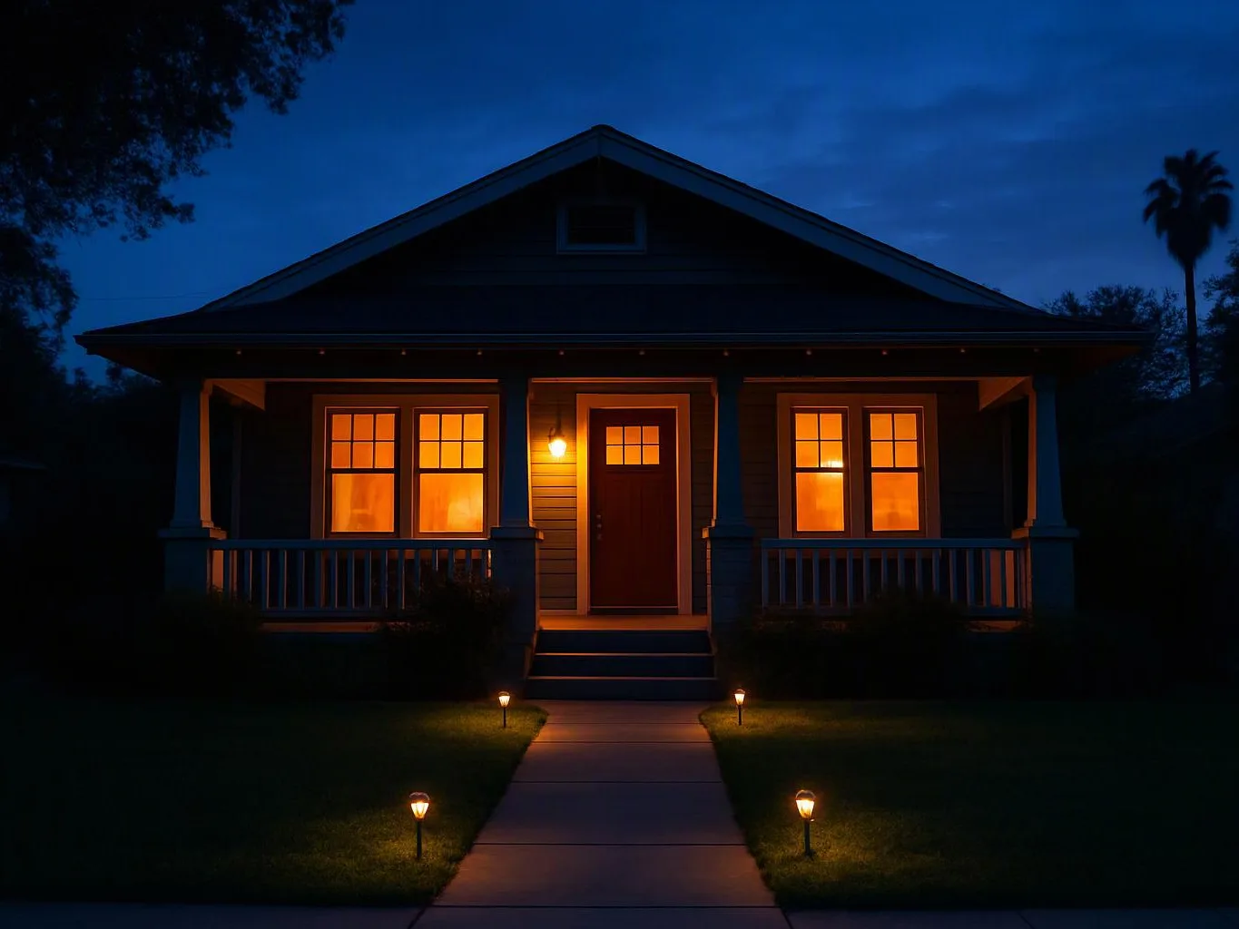 A small house glows at dusk, with lit windows, a front porch, and a path lined by yard lights