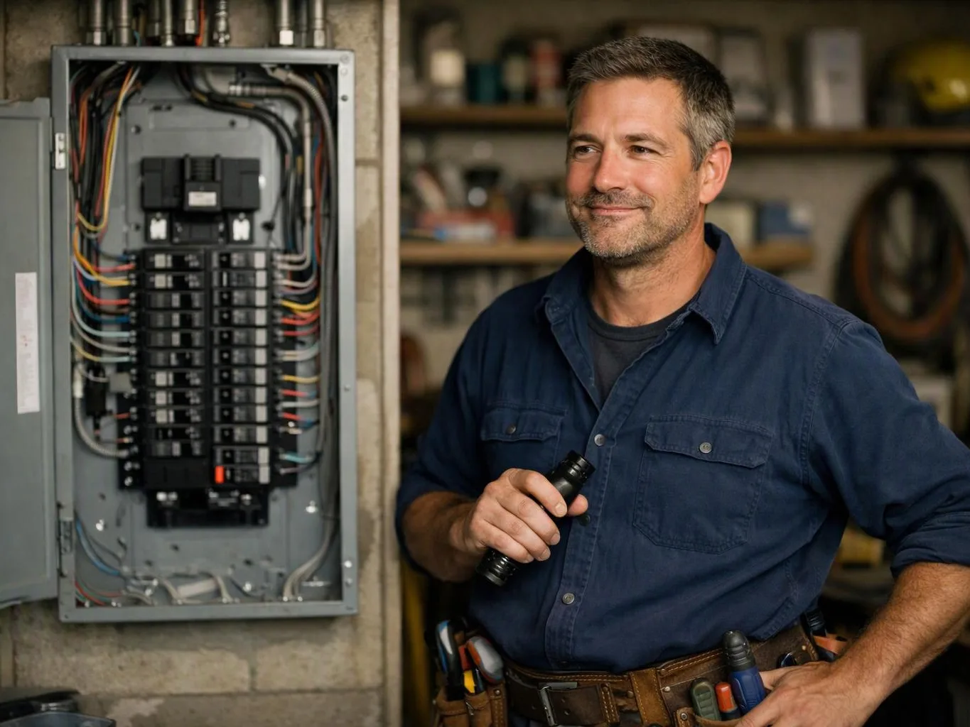 A smiling electrician stands beside an open breaker panel, holding a flashlight in a workshop-like room
