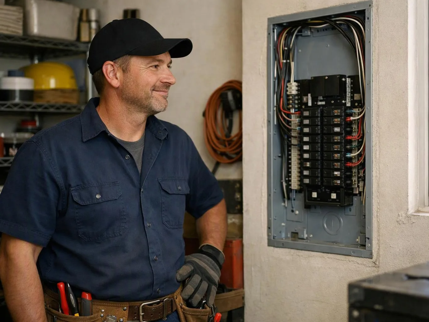 A smiling electrician stands beside an open breaker panel in a workshop, with tools and coiled cables behind him