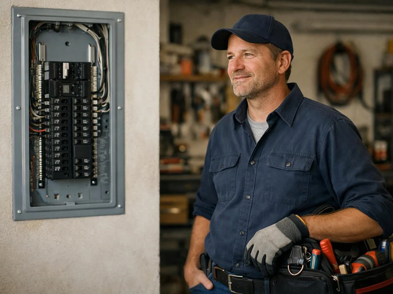 A smiling electrician stands beside an open circuit breaker panel in a workshop garage