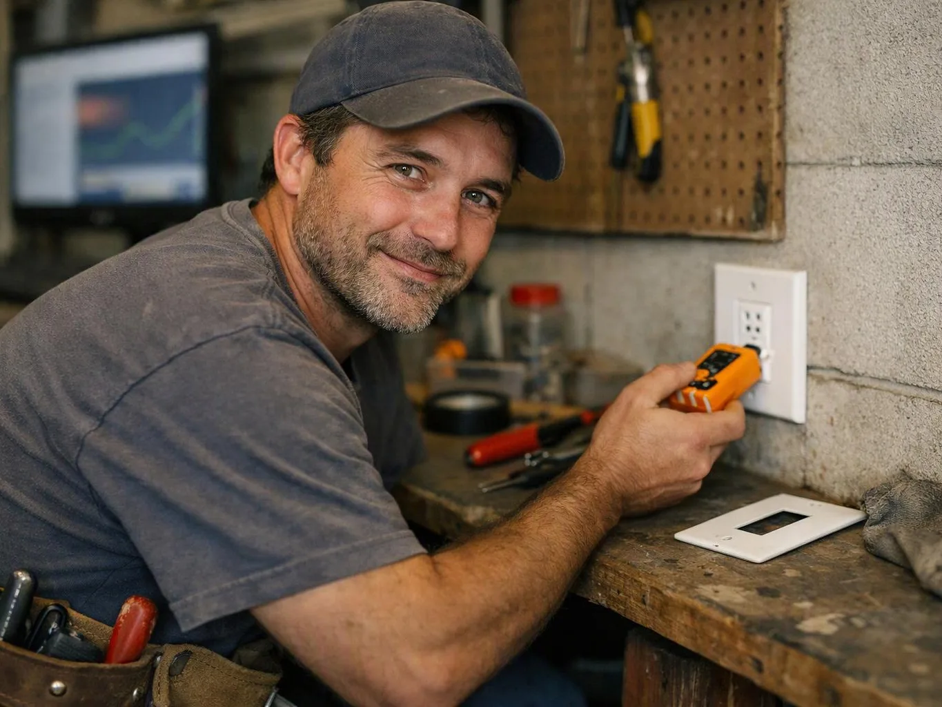 A smiling man in a cap tests a wall outlet with an orange meter in a workshop