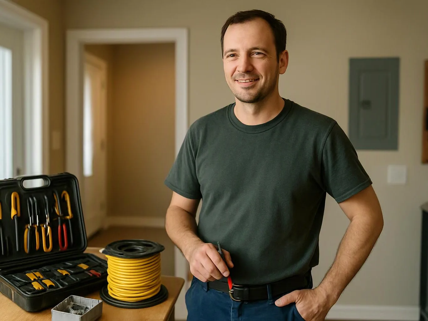 A smiling man stands indoors beside an open tool case and a coil of yellow cable