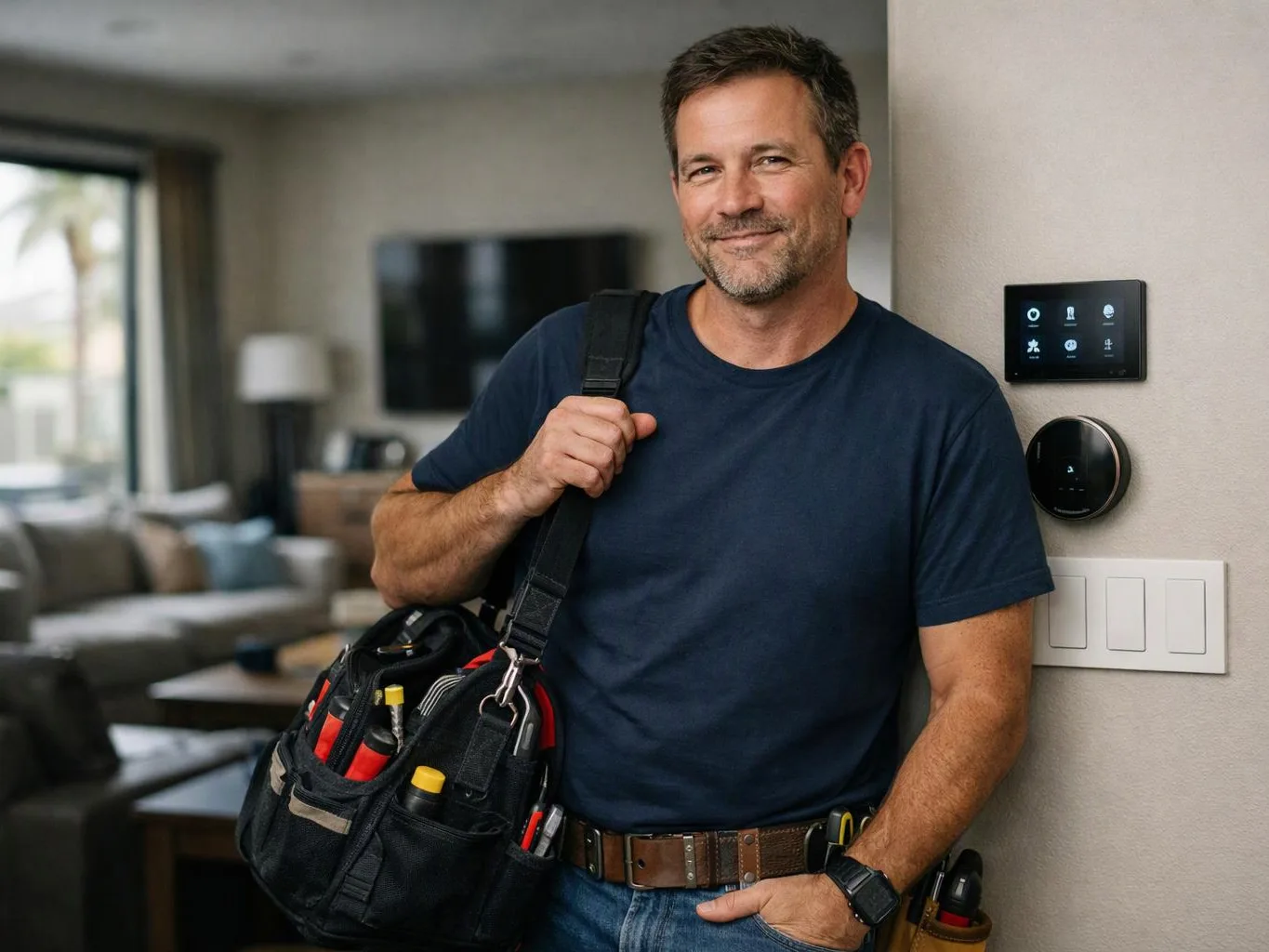 A smiling man stands indoors with a tool bag beside a wall-mounted thermostat and light switches