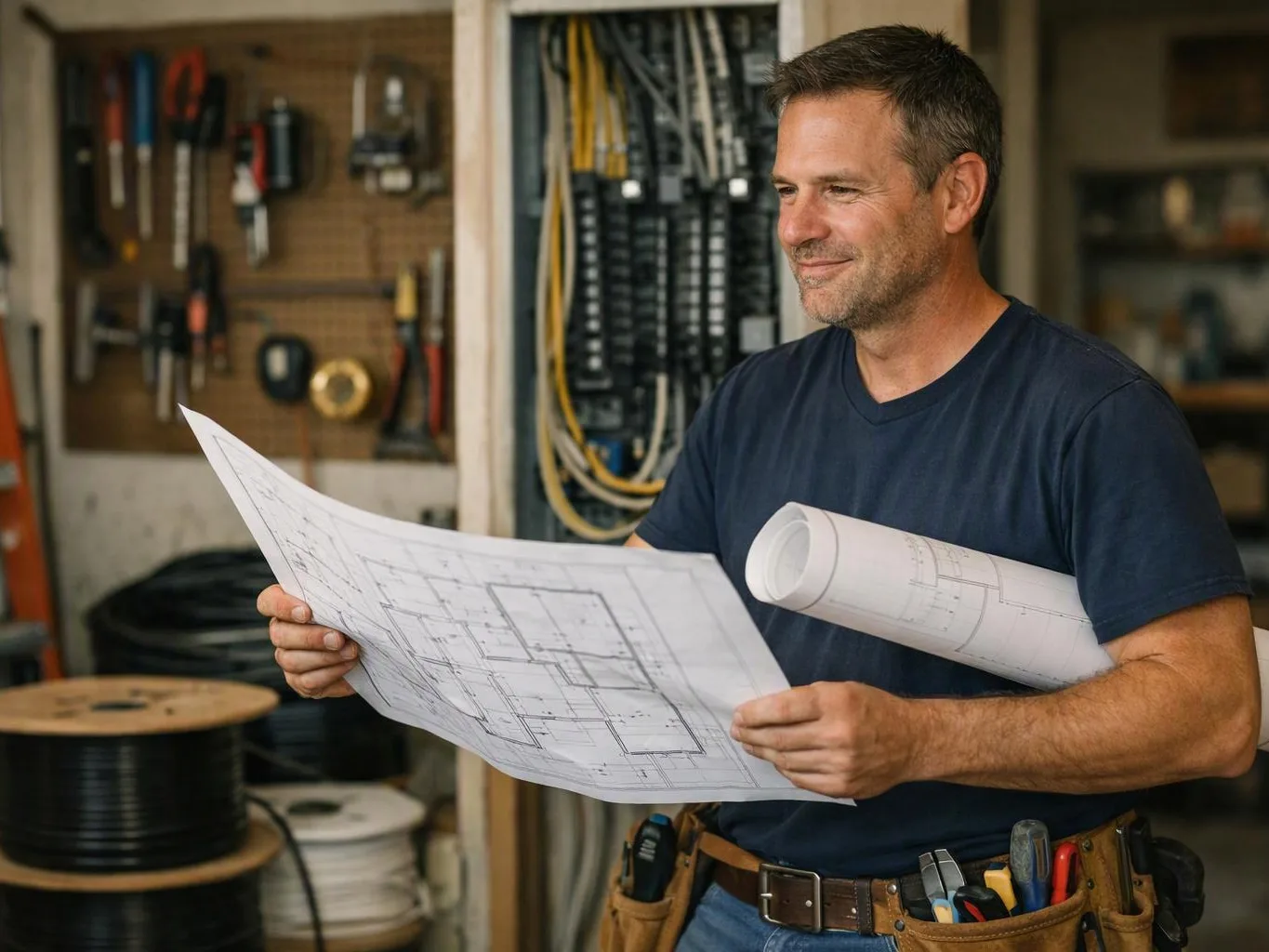 A smiling man in a workshop studies blueprint plans while holding a rolled drawing and tools at his waist