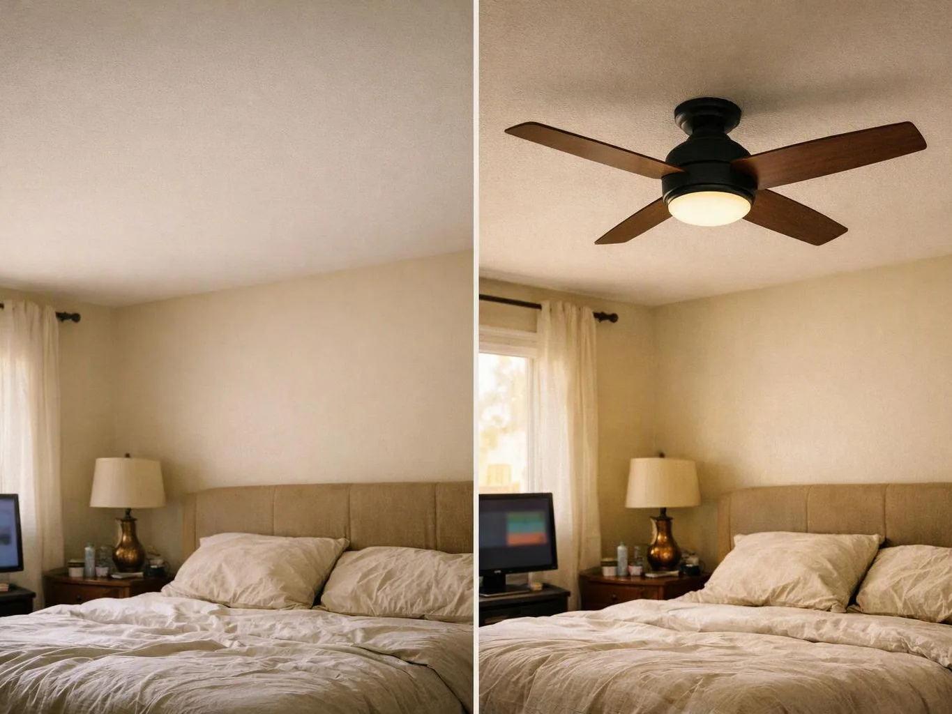 Split bedroom view shows a plain ceiling on the left and a ceiling fan above a bed on the right