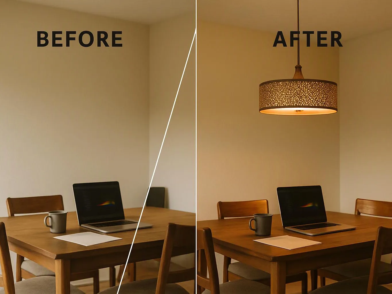 Split before-and-after dining nook with a laptop, mug, and papers under a new hanging lamp