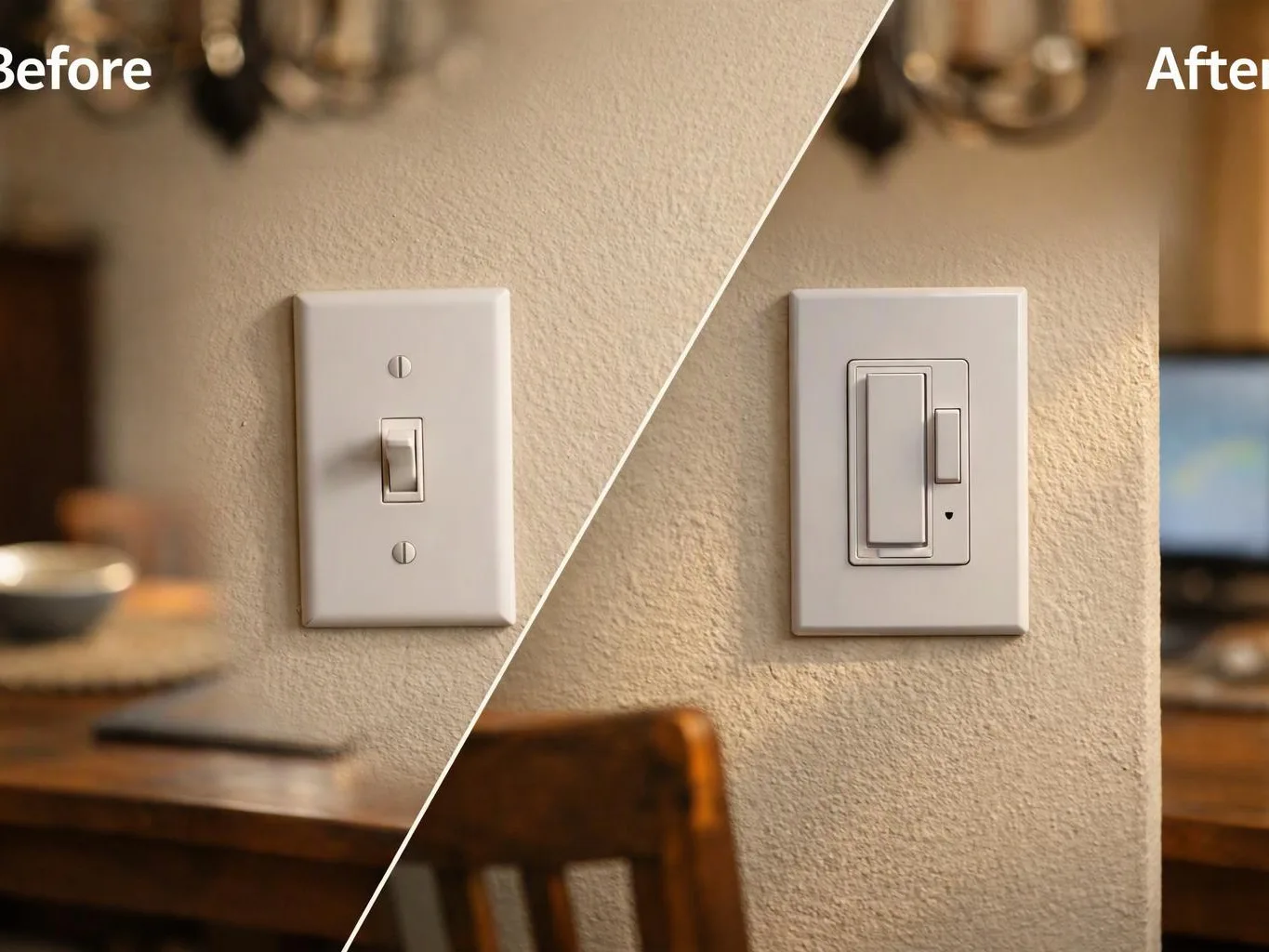 A split before-and-after image shows a wall light switch being replaced with a dimmer switch in a room