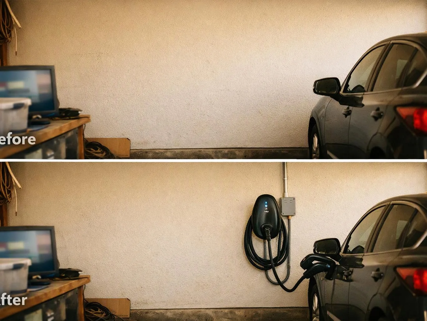 Split garage view shows a black car beside a wall, with an EV charger added in the lower image