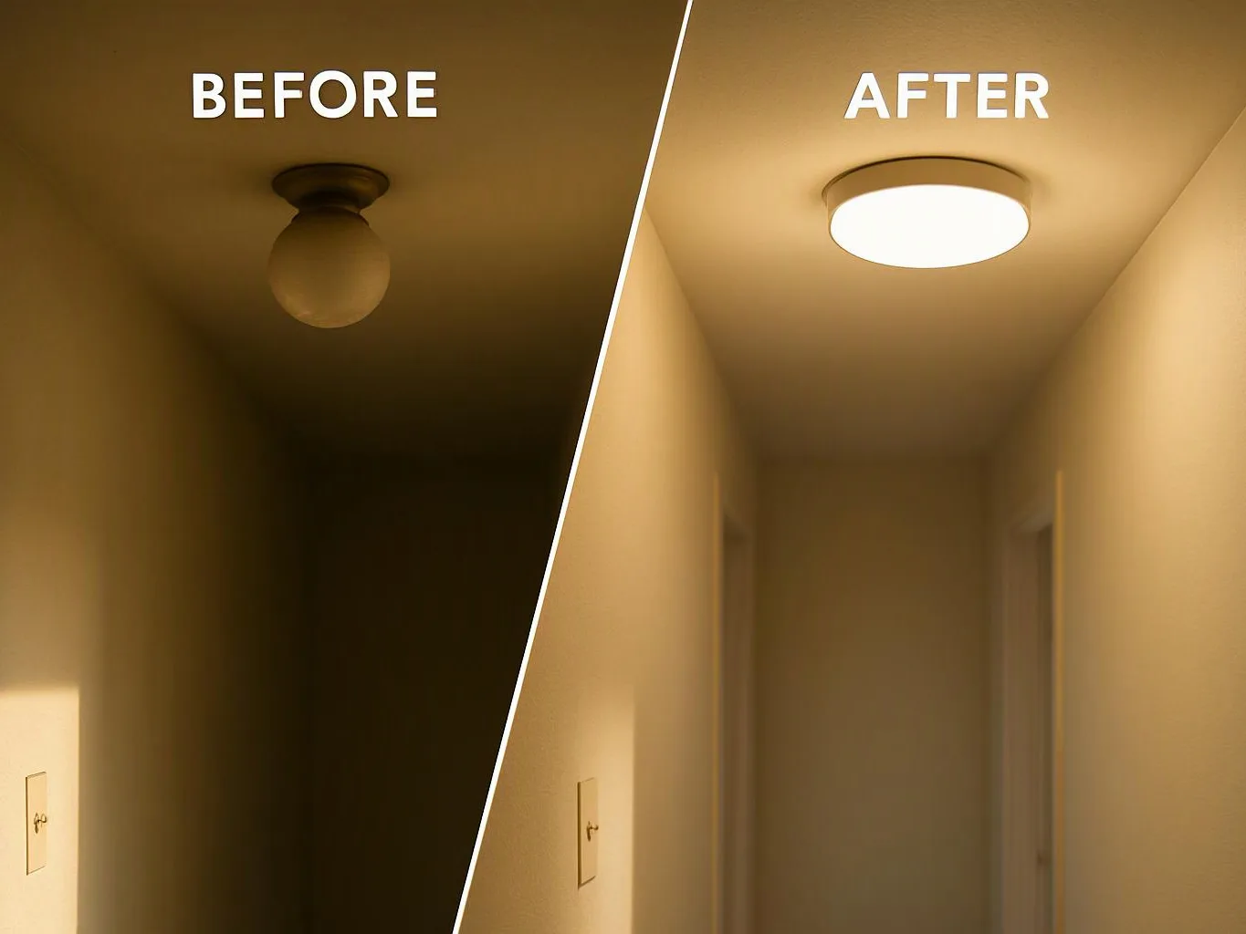 Split hallway comparison showing a dark old ceiling bulb before and a bright flush light after