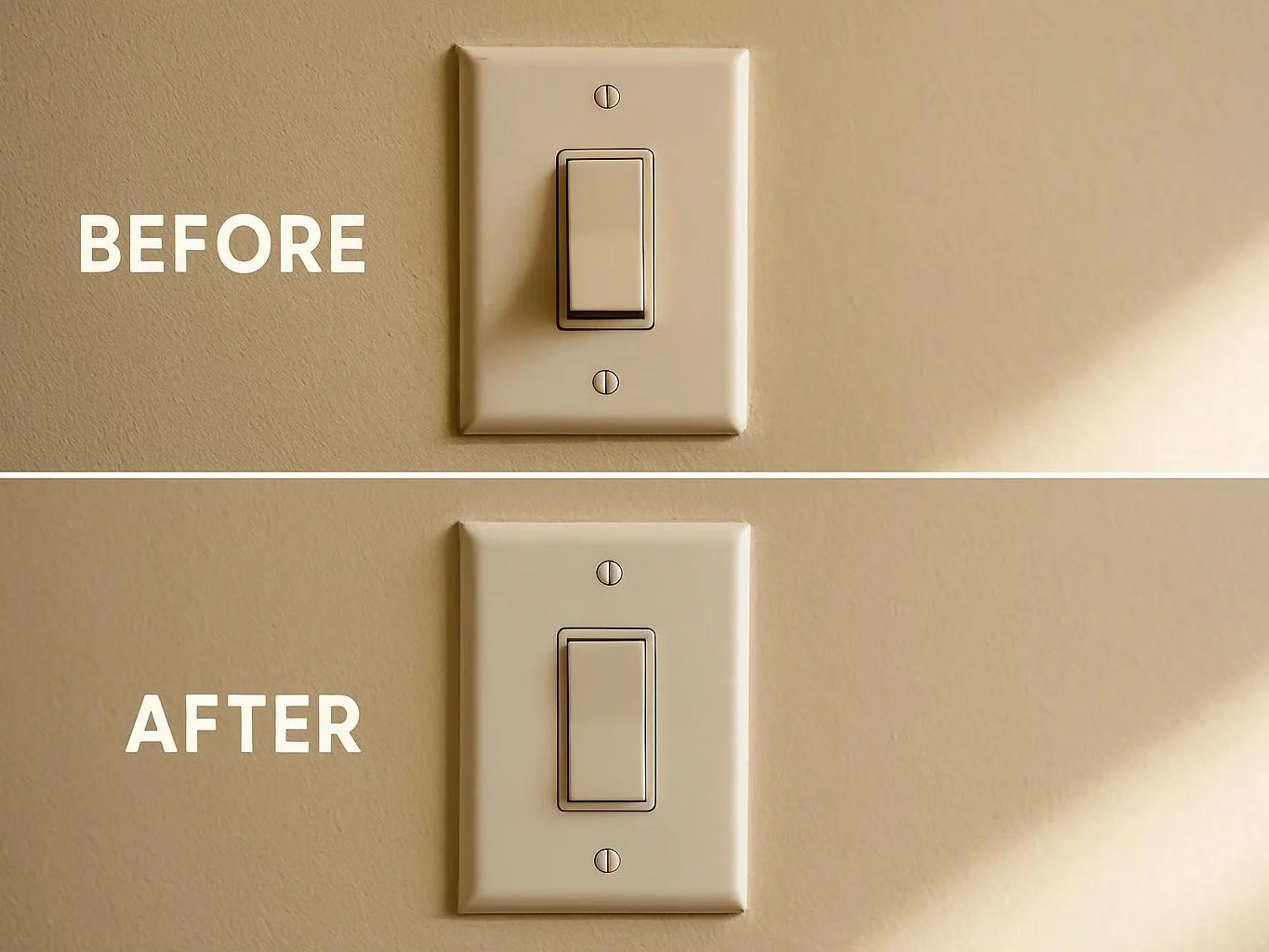 Split image of a beige light switch on a wall, labeled before and after with a cleaner finish below
