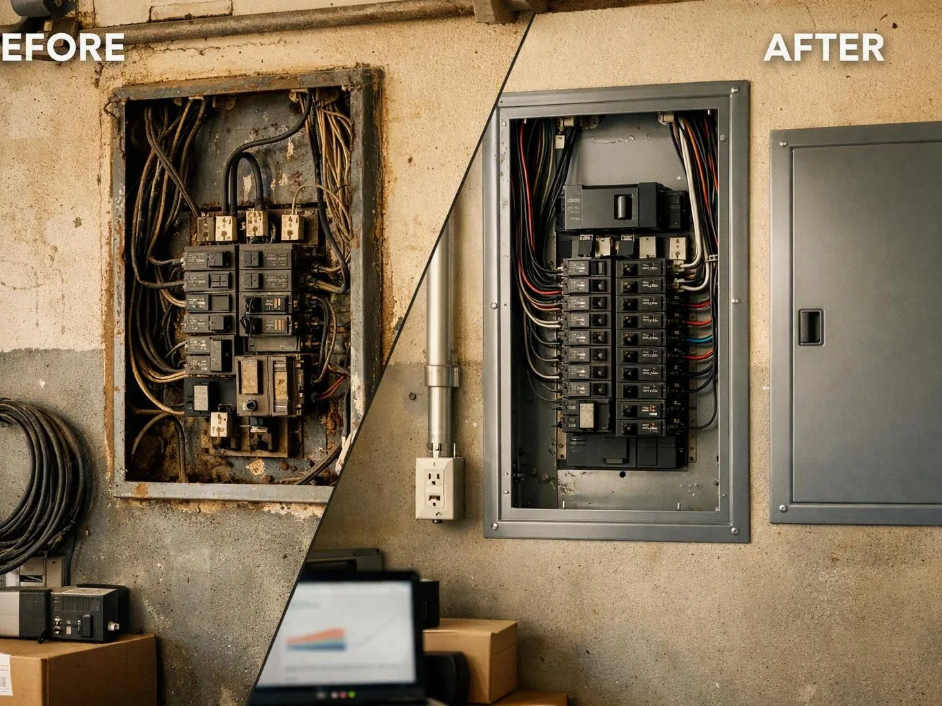 Split image shows a messy old breaker panel before and a clean new panel after on a concrete wall