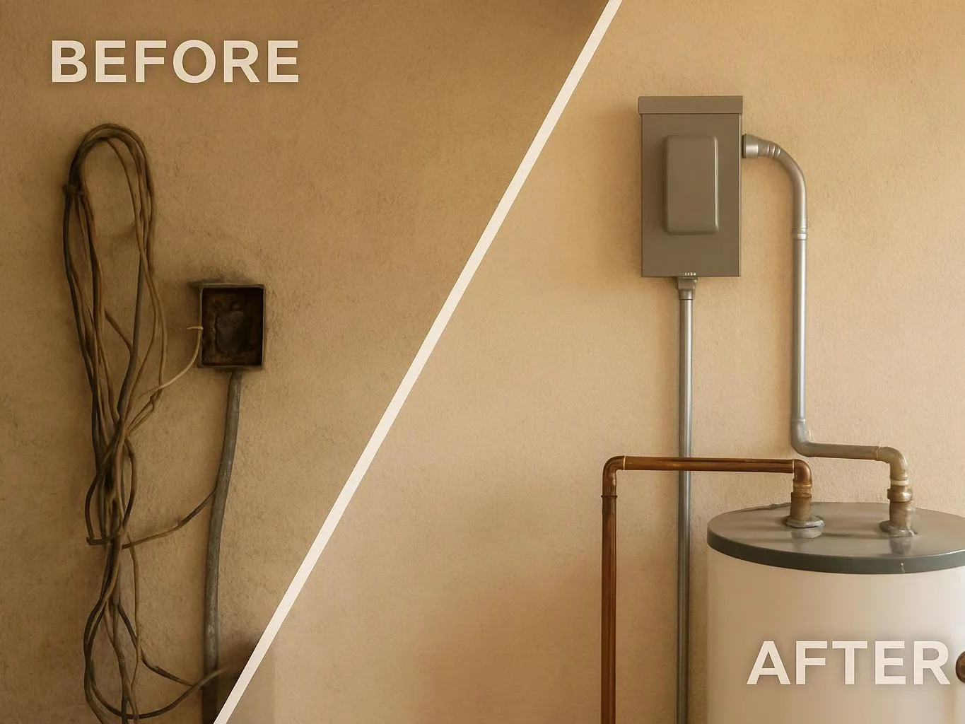 Split image shows a messy wall outlet and loose wires before, then a neat electrical panel with connected pipes after