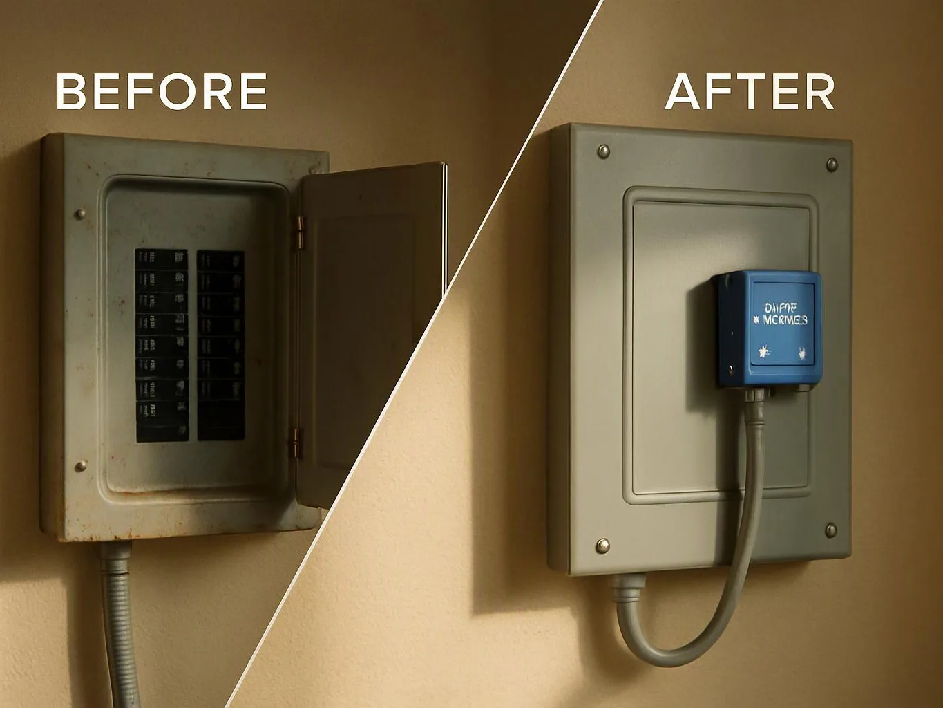 Split image shows a rusty open electrical panel before, and a clean closed panel with a blue box after