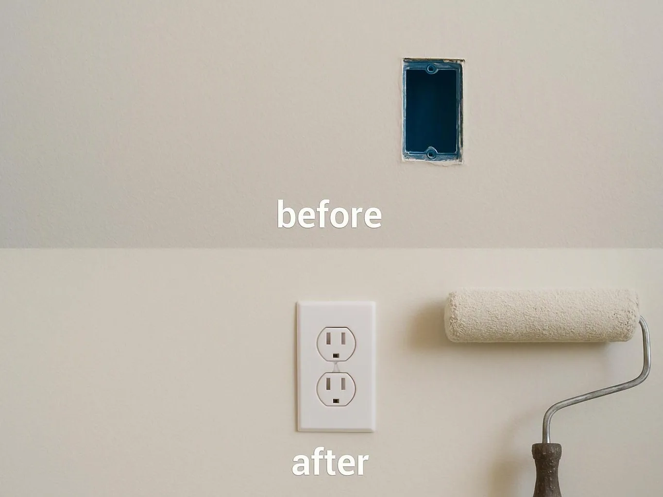Split image shows a wall opening labeled before, then a painted wall with an outlet labeled after and a paint roller