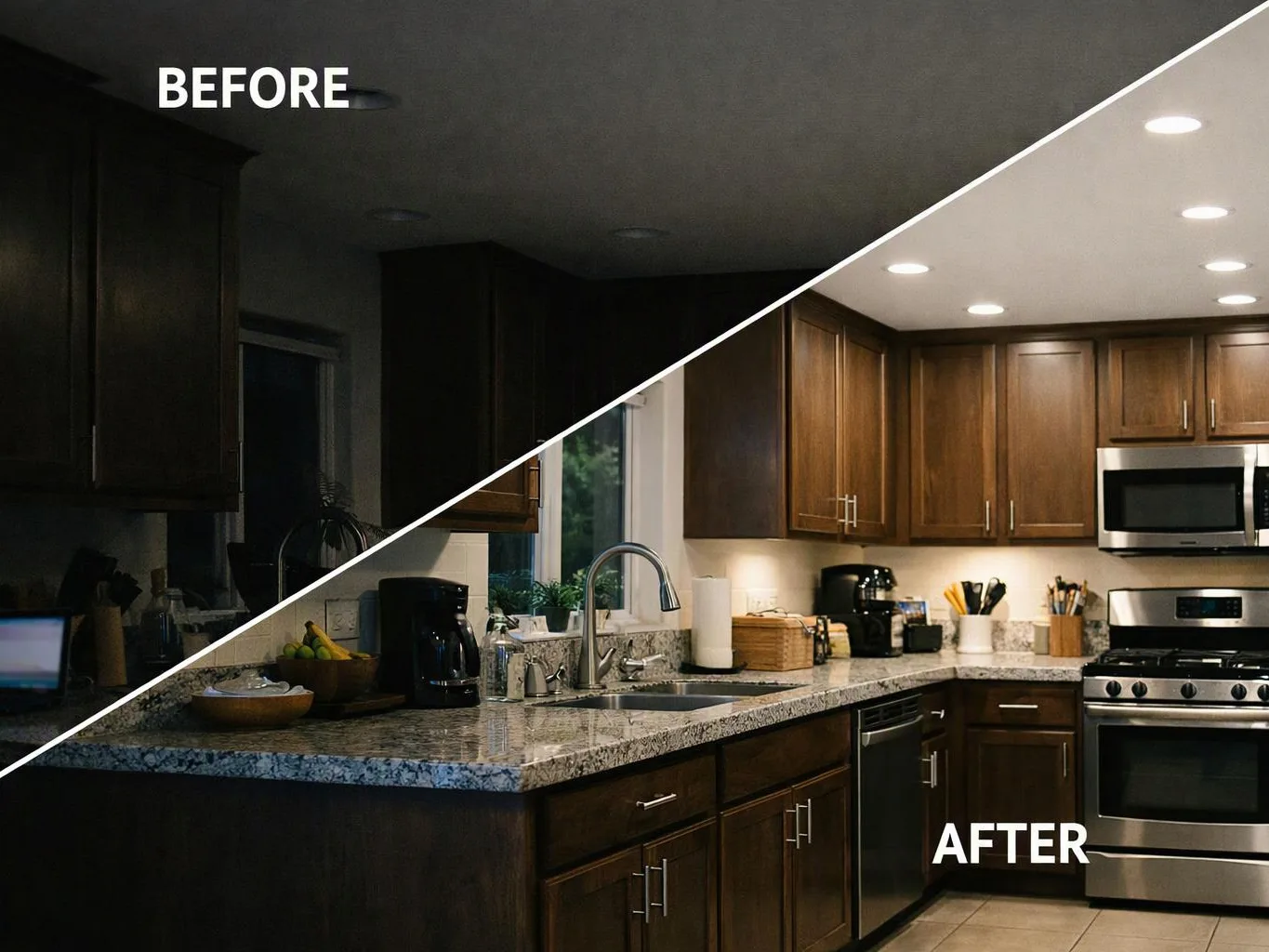 Split-screen kitchen shows a dark before view and a bright after view with wood cabinets and stainless appliances