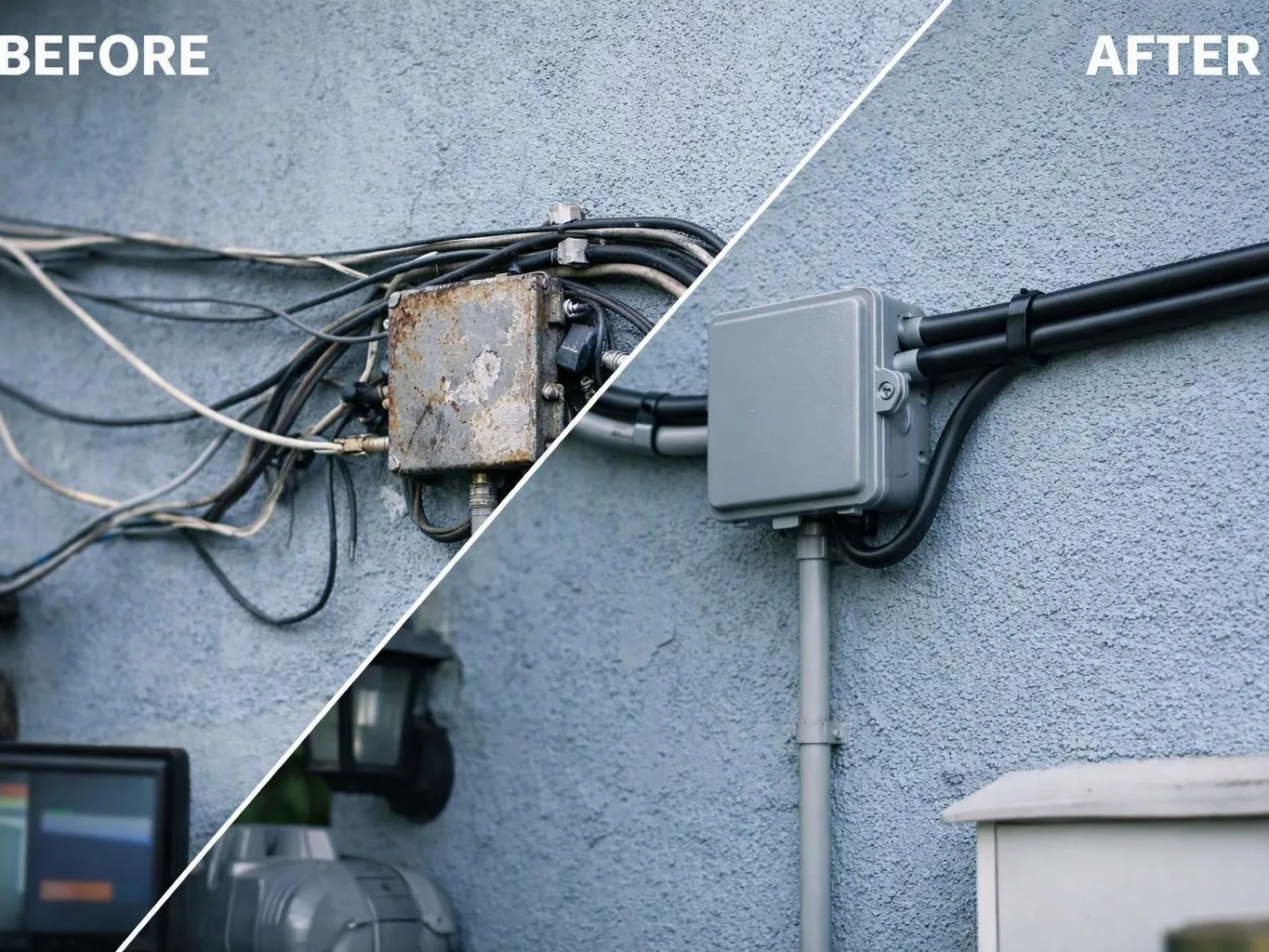 Split-screen shows a rusty wall box with messy cables before, and a clean gray electrical box after
