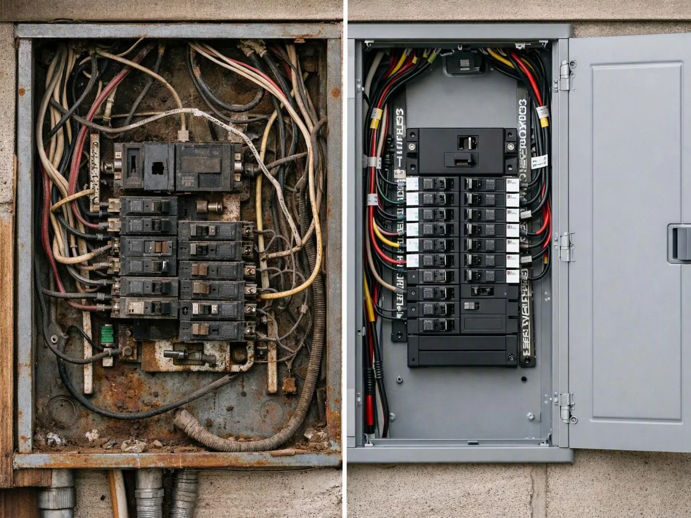 Split view of an old rusted electrical panel beside a clean modern breaker box with neatly routed wires