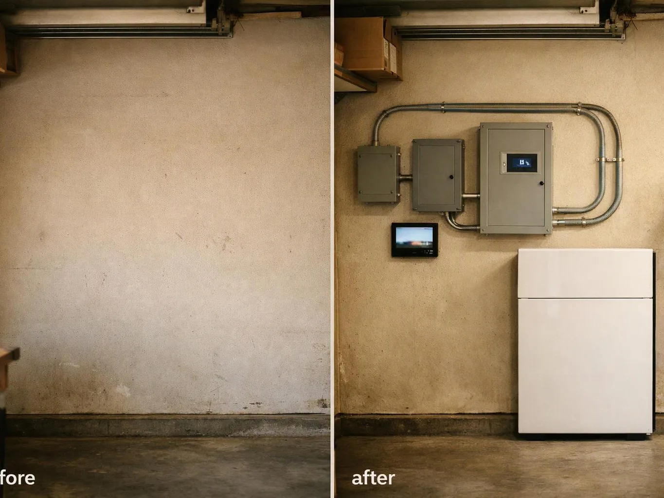 Split view shows a bare wall before and electrical panels, conduit, and a white cabinet after