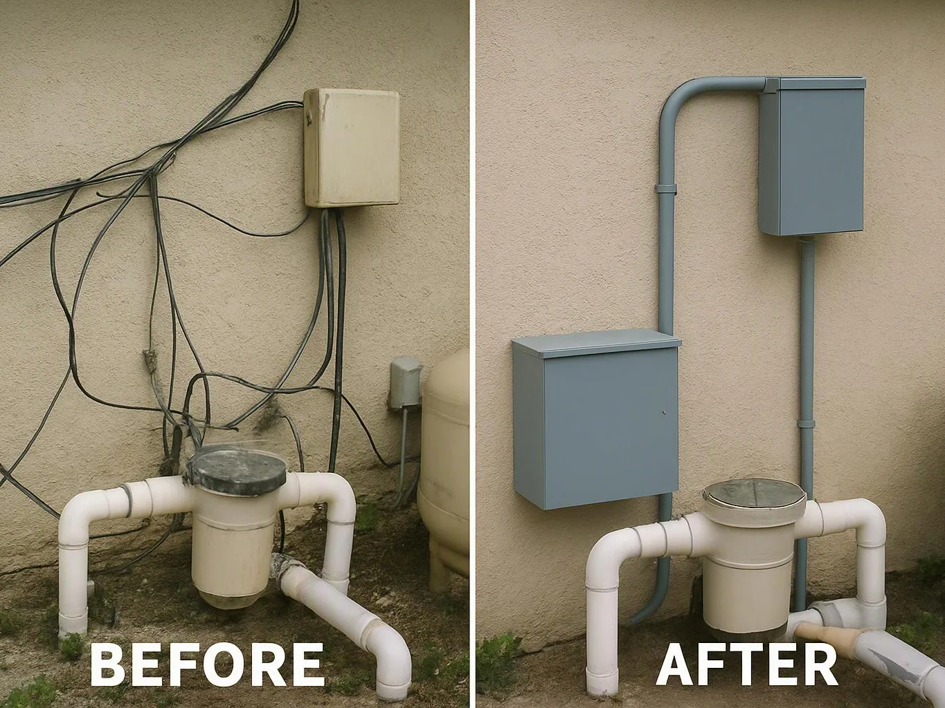 Split view shows a cluttered utility setup before and a cleaner gray-panel installation after on a stucco wall