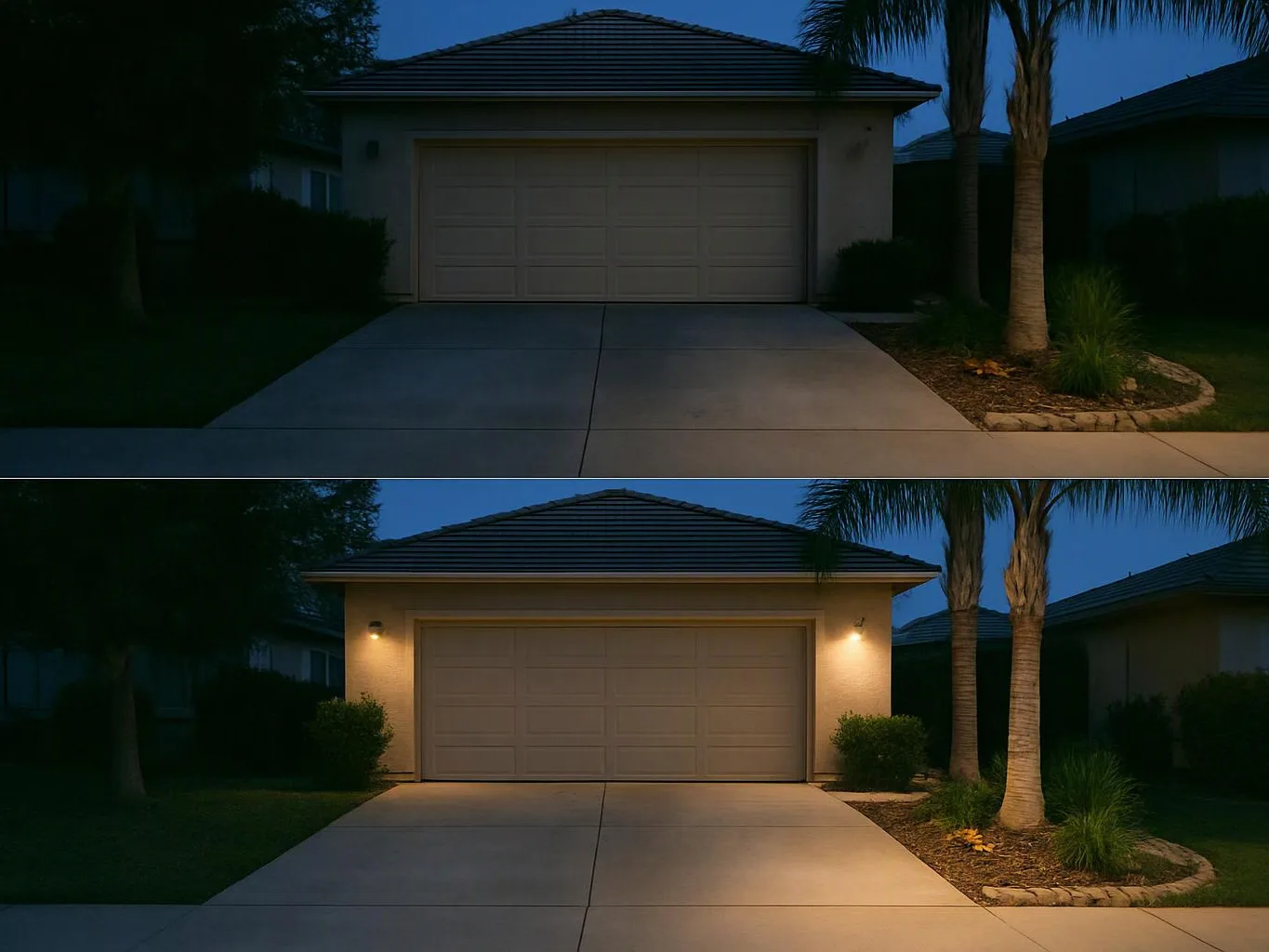 A split view shows a house garage driveway at dusk, with the bottom image lit by warm porch lights