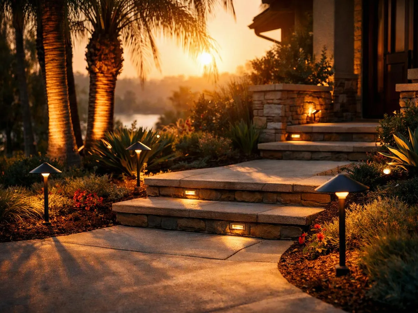 Stone steps with glowing path lights lead through a landscaped garden at sunset