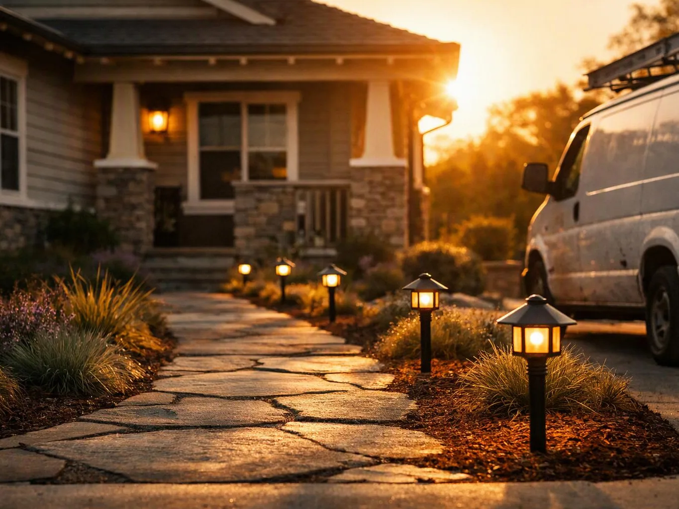 Stone walkway with lit garden lamps leads to a house at sunset, with a white van parked beside it