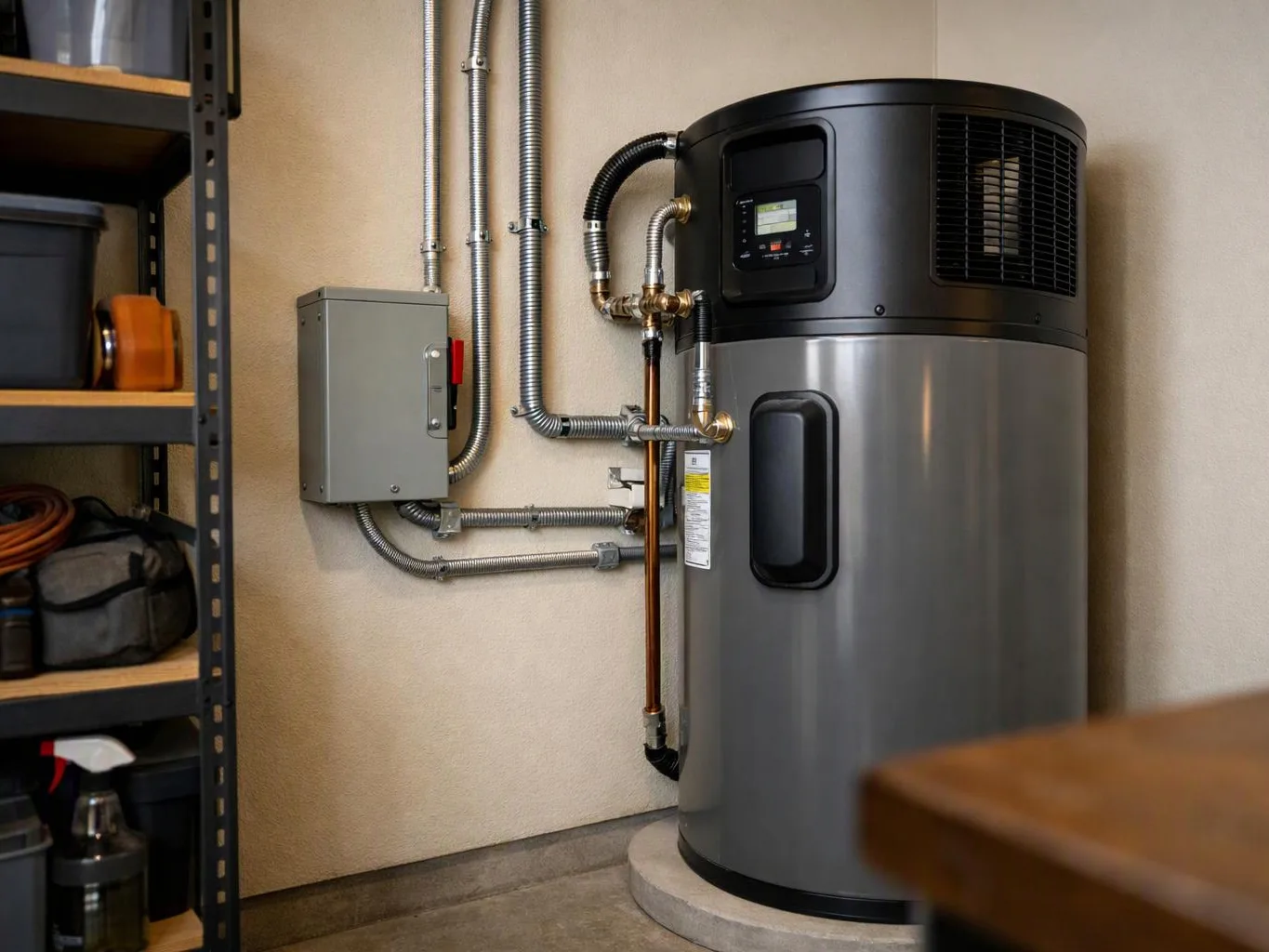 A tall gray water heater with pipes and a control panel stands beside metal shelving in a utility room