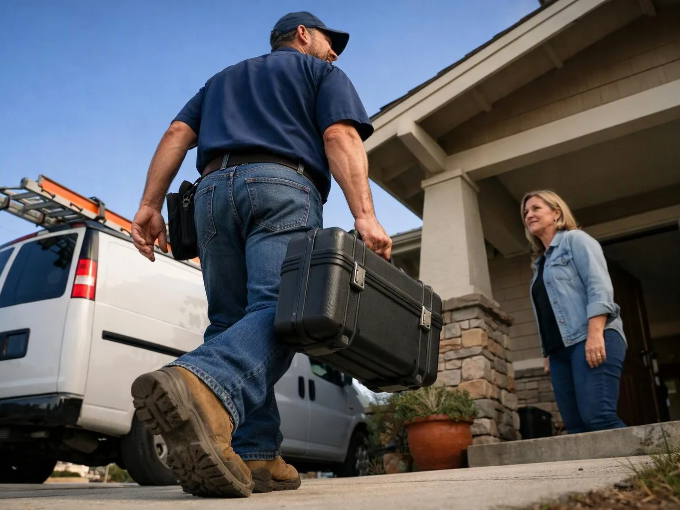 A technician carries a black toolbox toward a smiling woman outside a house, with a white van parked nearby