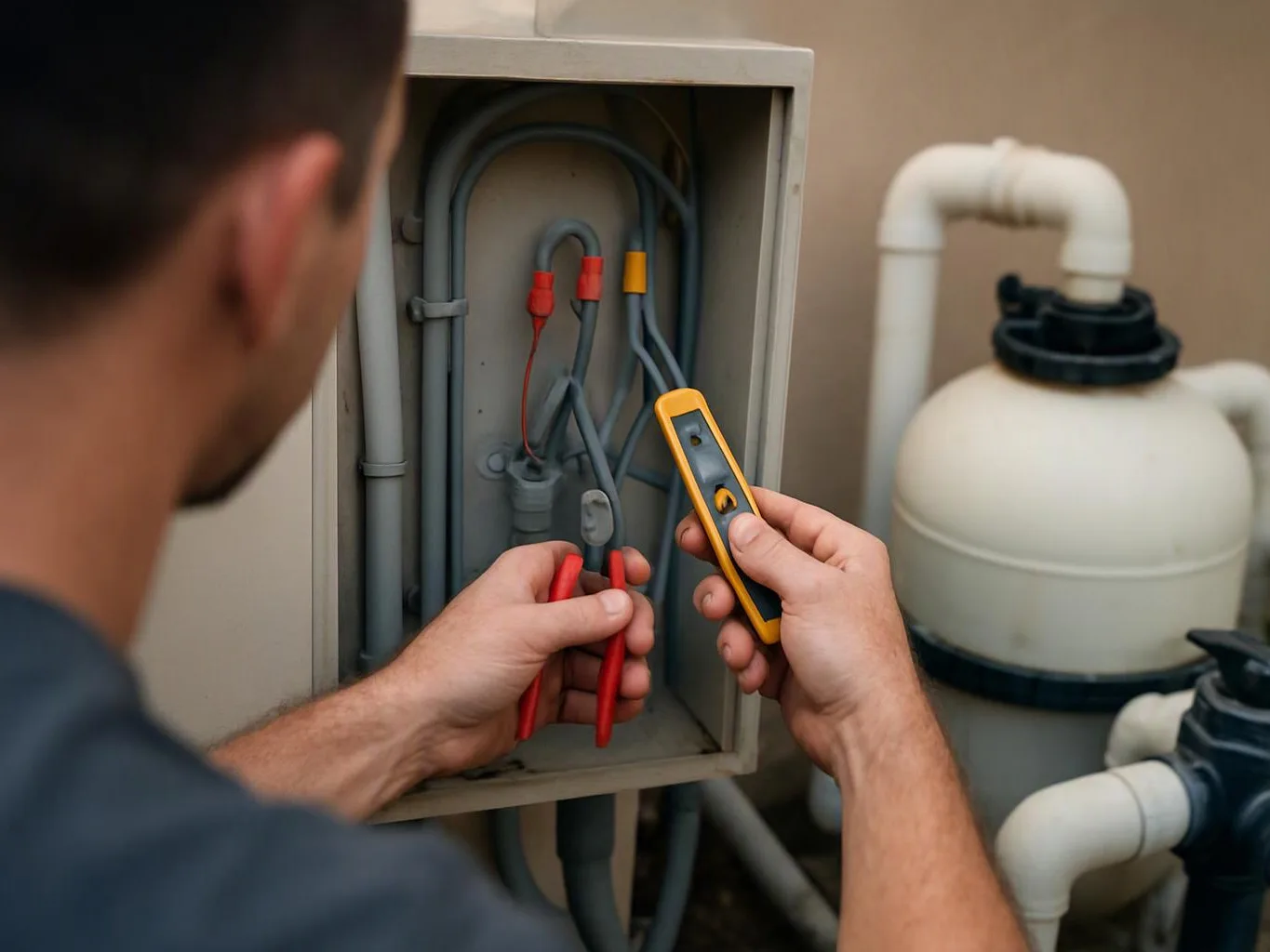 A technician checks wiring inside an open electrical box beside white pool plumbing equipment