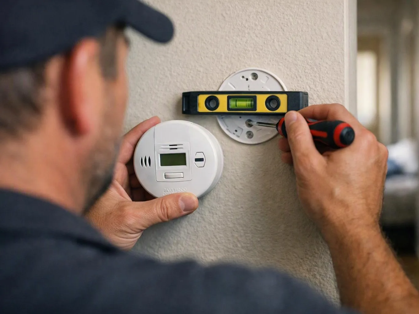 A technician installs a round wall thermostat with a level and screwdriver on a textured indoor wall