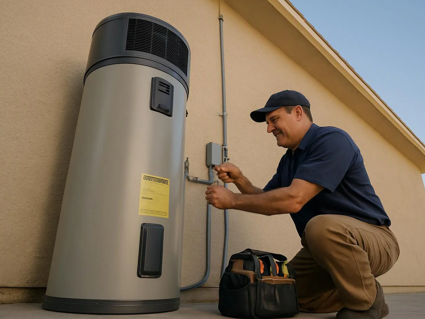 A technician kneels beside a large cylindrical outdoor unit, tightening a wall connection beside a beige building