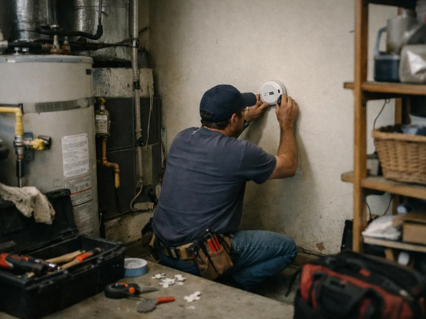 A technician kneels beside a water heater, mounting a smoke detector on a basement wall