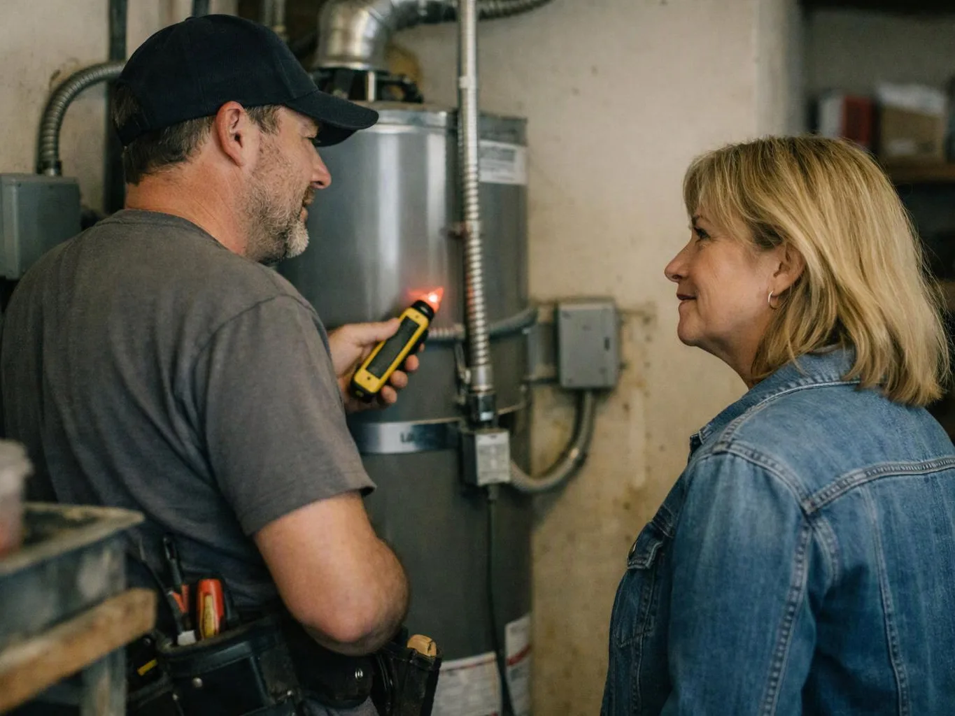 A technician points a glowing tool at a water heater while speaking with a woman in a basement utility room