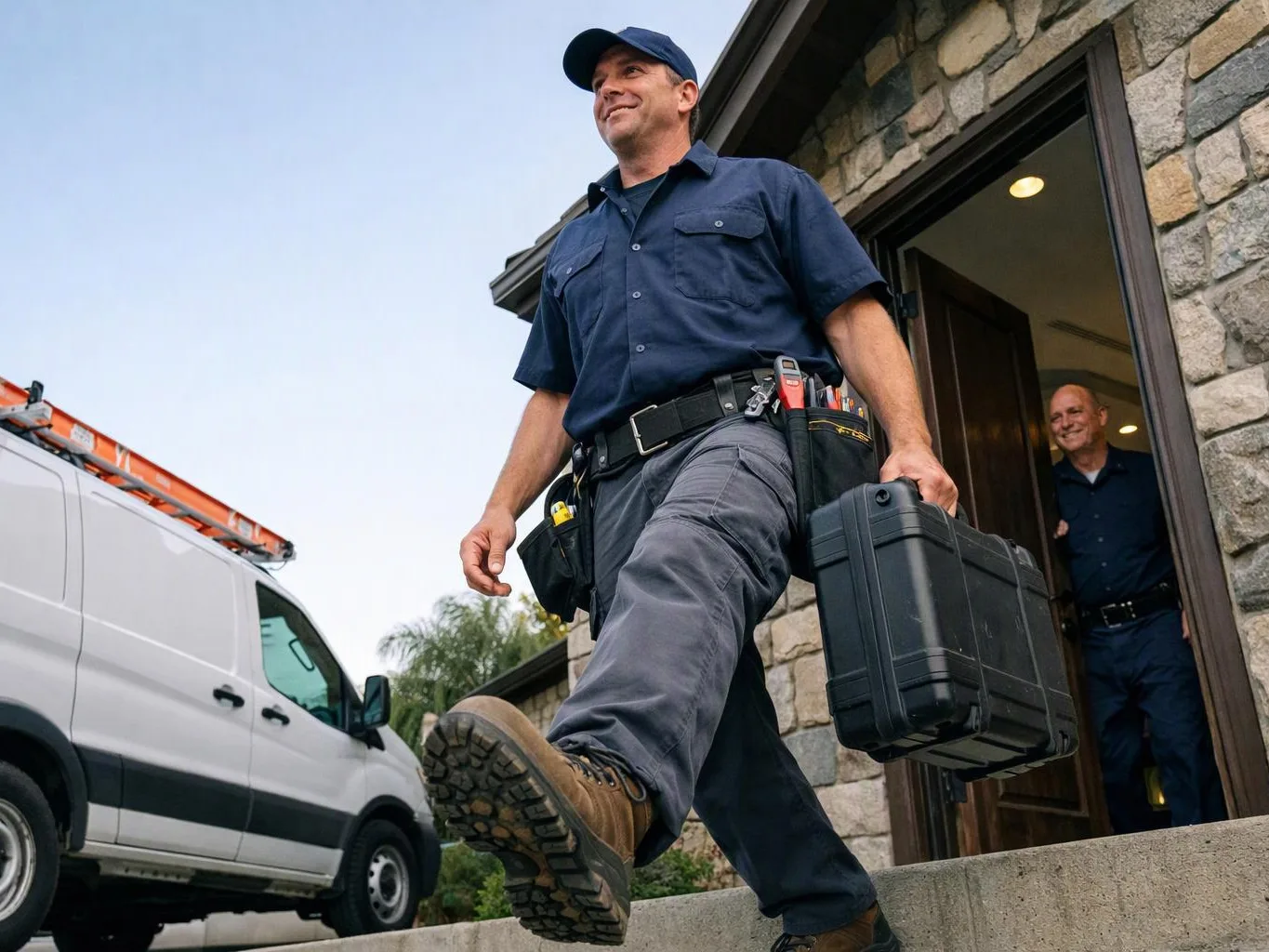 A technician walks from a stone house carrying a black case, with a work van parked nearby