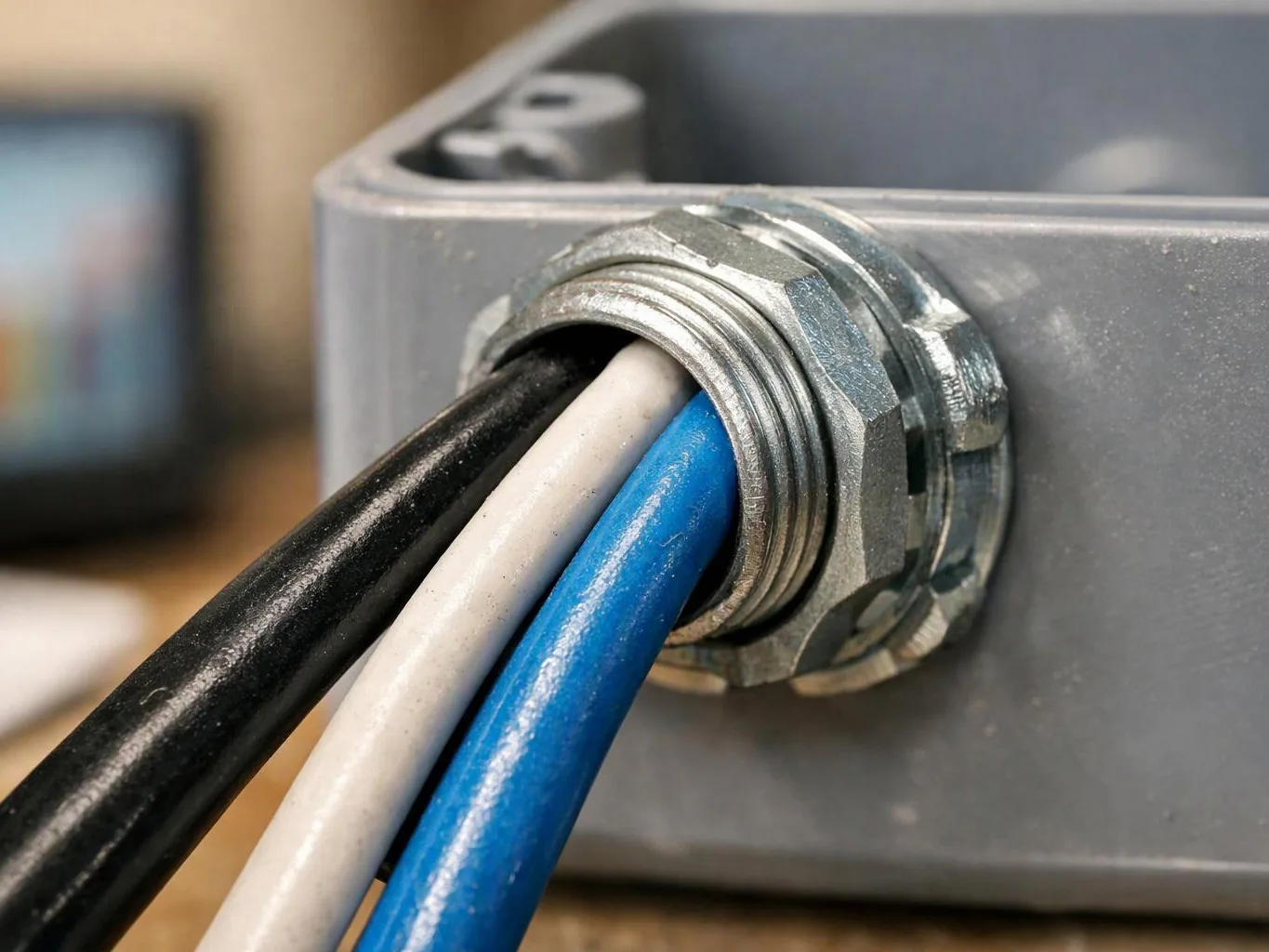 Three colored cables pass through a metal conduit fitting on a gray electrical box