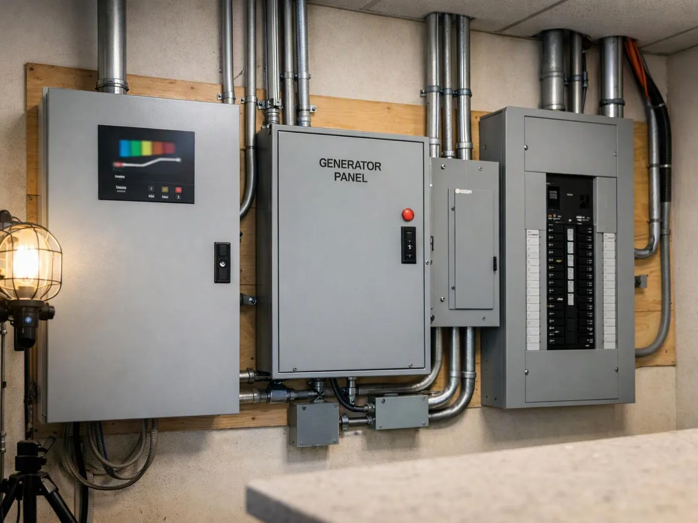 Three gray electrical panels line a utility wall beside exposed metal conduit and a work light