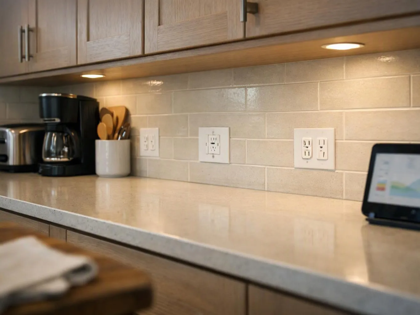 A tidy kitchen counter sits under wood cabinets, with a coffee maker, utensil cup, and tablet nearby