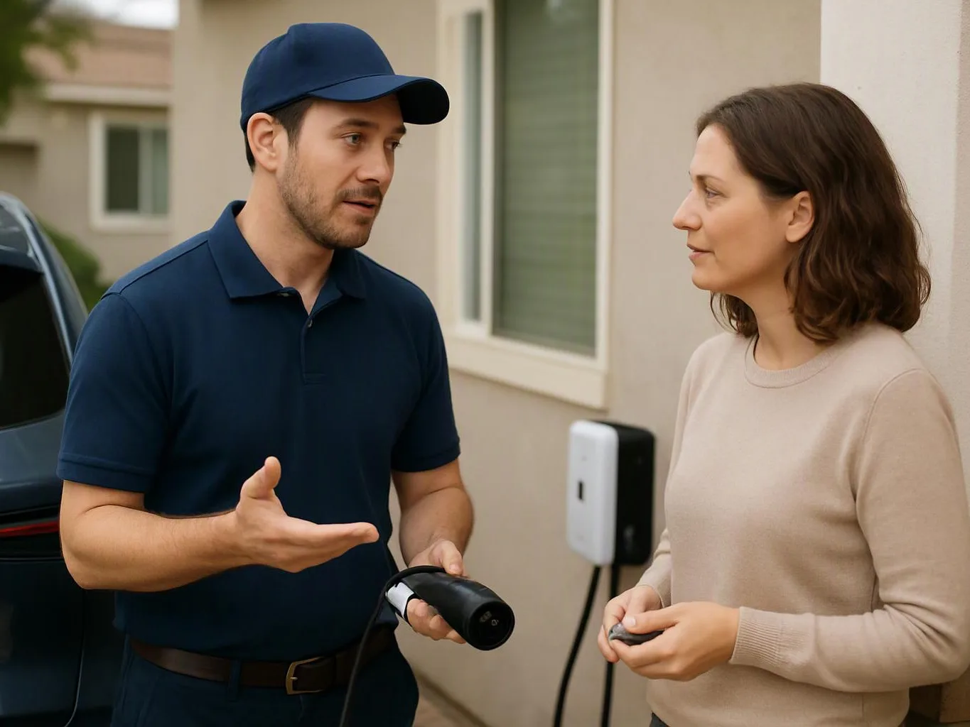 Two adults stand beside a house, talking while one holds a black charging connector near an electric car plug in the driveway